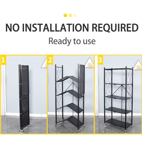 Life Hacks 2pcs 3-Tier Foldable Shelves for Storage, No Assembly Required, Folding Shelf Unit Pantry Shelves with Wheels, Metal Shelving Storage Rack Shelf for Kitchen Garage Home