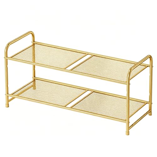 Metal Shoe Rack, Stackable 2 Tier Closet Shoe Organizer with Durable Mesh Shelves, Adjustable, Gold - color: Gold, size: 2 Tier