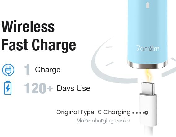7AM2M Ultrasonic Electric Toothbrush with 6 Brush Heads for Adults&Kids, Type C Charging, One Charge for 120 Days, 5 Modes&40000VPM Powered Toothbrush, 2 Minutes Built in Smart Timer (Light Blue)