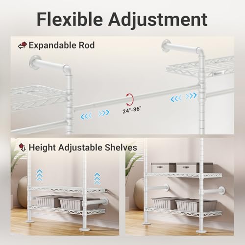 Timate F4 Wall Mounted Clothes Rack Industrial Pipe Clothing Rack for Hanging Clothes, Expandable Garment Rack Heavy Duty Wardrobe Closet Organizer and Storage, Adjustable Industrial Closet Kit, White - color: White