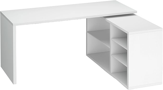 HSH White L Shaped Desk with Shelf, Reversible Modern Home Office Desk Workstation, L Shape Computer Desk with Storage Cabinet Drawer, Industrial Wood Corner Table for Work Study Writing Gaming, 55 In