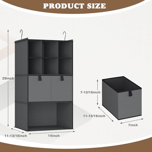 Hanging Closet Organizer 4 Shelves, 2 Drawers Closet Organization and Storage, 6 Compartments Wardrobe Clothes Organizer, Dark Gray