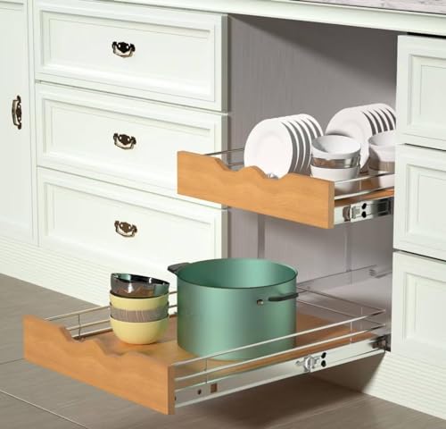 DINDON 2 Tier Pull Out Cabinet Organizer (14" W x 21" D) Slide Out Wood Shelf Double Tier Kitchen Wire Basket with Chrome Finish… - size: 14'' W X 21'' D