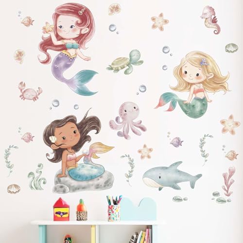 Ocean Mermaid Wall Decals - Under The Sea Marine Fish Whale Turtle Seaweed Grass Wall Stickers - Bathroom Baby Kids Nursery Girls Bedroom Daycare Wall Decor