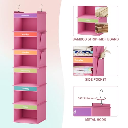 YOUDENOVA 6-Shelf Weekly Hanging Closet Organizer, Weekly Clothes Organizers for Kids with 2 Side Pockets, Pink - color: Pink