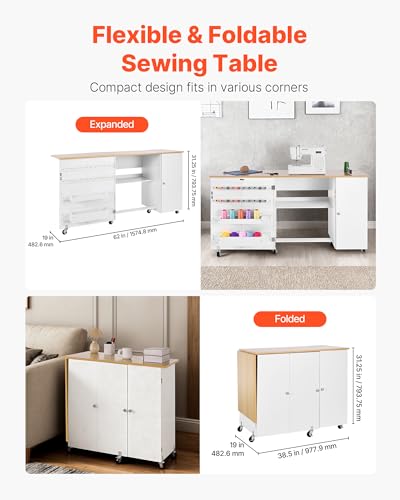 VEVOR Folding Sewing Table, Multipurpose Sewing Machine Table with Cabinet, Charging Station, Compact Design, Wheels, Wooden Pegs, Storage Trays and Shelf, Craft Station and Side Desk for Home - size: Natural White w/ Cabinet