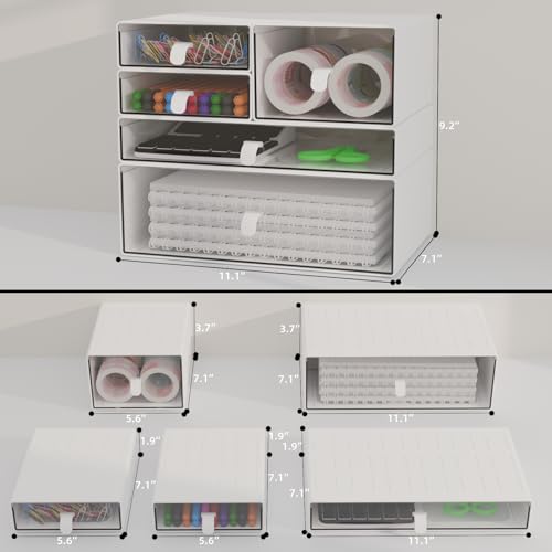 Desk Organizer Set, White & Clear Stackable Dustproof Storage Boxes for Desktop, Office, Bathroom, DIY Craft & Vertical Space Saving, Perfect for Makeup, Stationery Organization (5 Drawer) - size: 5 drawer