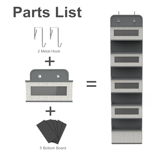 Over The Door Hanging Organizer with 5 Big Pockets, Wall Mount Fabric Back of Door Storage Organizer with Clear Window & Metal Hooks for Pantry Closet Diaper Dorm Nursery Bedroom