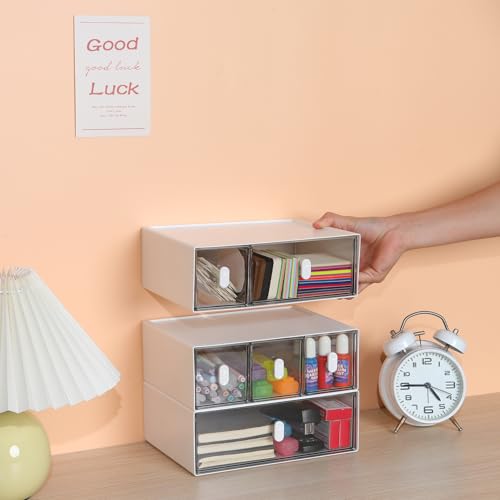 Desktop Storage Drawers, Plastic Desk Organizer with 3 Drawers, Modular Stackable Toolbox Units for Office Stationary, Makeup Container, Bathroom Countertop (1 Tall Layer, White & Clear) - color: 1 Tall Layer & 3 Drawers, White & Clear