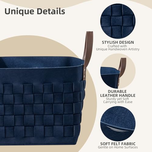 boldmonkey Blankets Basket 16.5 " x13 x13 , Extra Large Rectangular Laundry Hamper with Leather Handle, Soft Dog Toy Basket for Storage-Navy Blue - color: Navy Blue