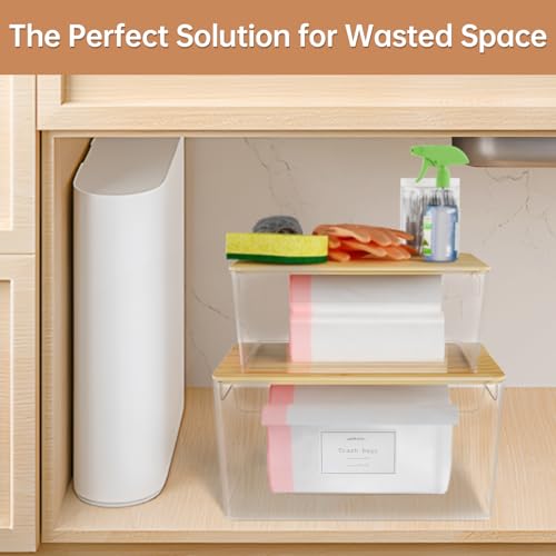 COAZEX 2 Pack Trash Bag Holder Under Sink Stackable, Plastic Garbage Dispenser with Lid, Trash Bag Storage Dispenser Roll Holder for Kitchen, Pantry, Laundry Room Organization - color: A-Clear