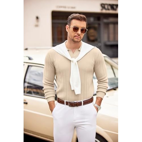 COOFANDY Mens Sweaters Polos Long Sleeve V Neck Knit Polo Lightweight Casual Pullover Sweater