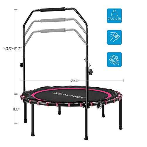 SONGMICS 40 Inches Mini Fitness Trampoline, Fitness Rebounder with Adjustable Handrail, Foldable Trampoline for At-Home Workout, Max. Load 264.6 lb