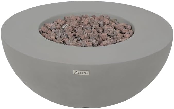 Modeno ROCA Outdoor Gas Firepit Table 34 Inches Fire Pit Patio Heater Concrete Outside Electronic Ignition Backyard Fireplace Cover Lava Rock Included Natural Gas