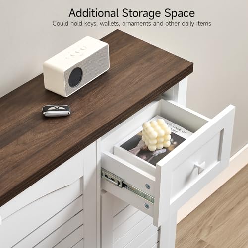 ONBRILL Shoe Storage Cabinet with 2 Flip Drawers, 1 Drawer, 1 Side Cabinet, Narrow Shoe Organizer with Ventilated Grille Panel & Movable Shelves, Freestanding Hidden Shoe Rack for Entryway (White)