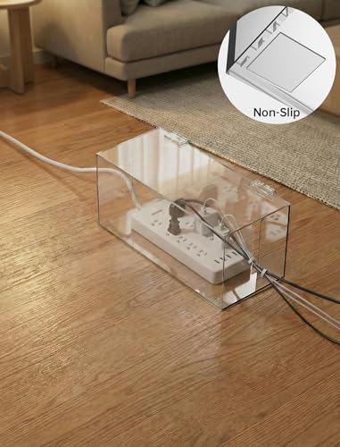 NiHome Large Clear Acrylic Cable Management Box, Power Strip Organizer with Ventilated Cover and Silicone Feet, Includes Reusable Ties, Transparent Cord Hider for Desk and Floor