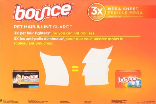 Bounce Pet Hair and Lint Guard Fabric Softener Dryer Sheets | Fresh Scent | 3X Pet Hair Fighters | Mega Sheets | 180 Count, Pack of 3