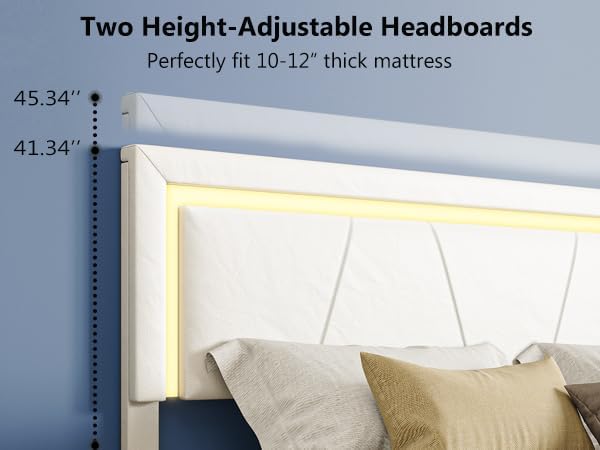 Queen Size Bed Frame with Adjustable Headboard, Upholstered Platform Bed with 4 Storage Drawers, Wooden Slats Support, Built in Charging Station & LED, Noise-Free, No Box Spring Needed, Beige