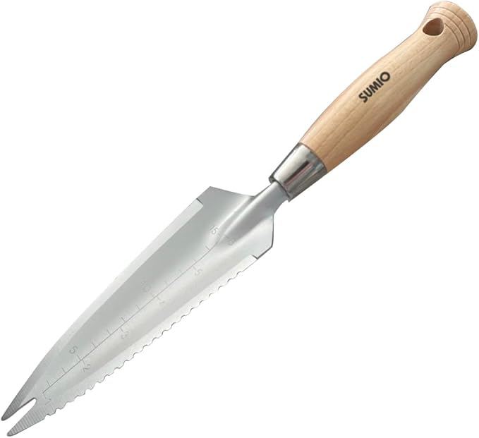 SUMIO 13.3" Alloy Steel Garden Trowel with Forked Tip and Depth Markings, Weeding Knife for Root Cutting, Transplanting, Digging, and Slit Weeding