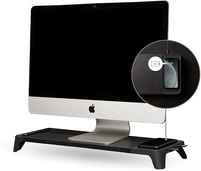 POUT E8 Wood Desk Monitor Computer Stand Riser Shelf + USB HUB + Qi Fast Wireless Charging Charger Pad Mat for Laptop Apple iMac PC iPhone Samsung Galaxy Airpod 2 Buds (Black)