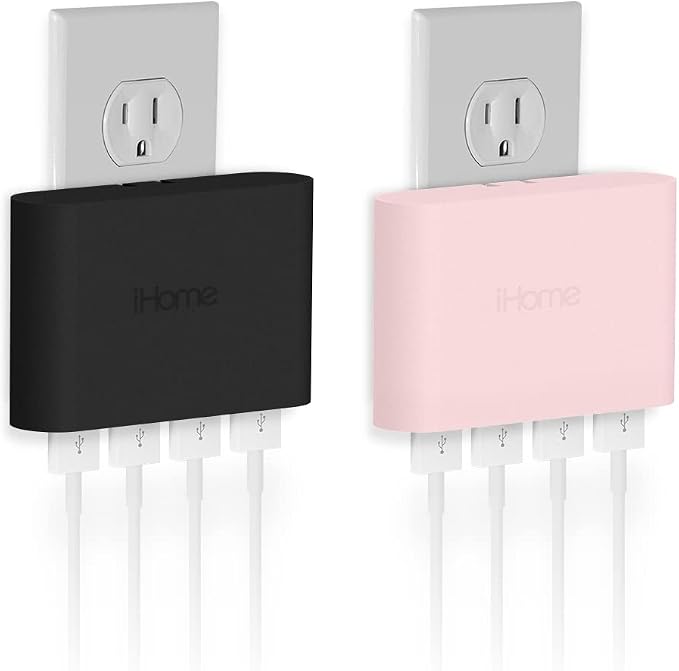 iHome 4-Port USB Wall Charger (2-Pack) 5.4A Flat Foldable Plug Slim Travel Charger (Black &amp Pastel Pink)