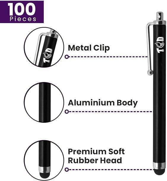 TCD 100 Pack Stylus Pen for iPad High Precision Universal Capacitive Bulk Digital Stylus Pen – Compatible w/iPhone Tablet Touchscreen Laptop – Rubber Tip Black Styluses for All Touch Screen Devices