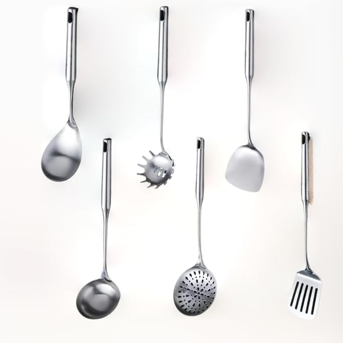 Houhil, 316 Stainless Steel Cooking Tool Set: saute pan spatula ladle, skimmer slotted, pasta, serving spoon, slotted spatula seasoner, dishwasher safe.