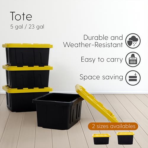 Plastic 23-Gallon Storage Tote with Lockable Lid, Stackable Tough Regular-Duty Bin for Garage, Tools, and Home Organization (4-Pack) - Black and Yellow - size: 23-Gallon (4-Pack)