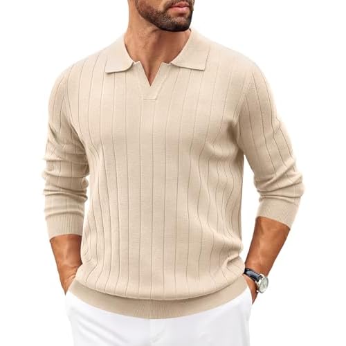 COOFANDY Mens Sweaters Polos Long Sleeve V Neck Knit Polo Lightweight Casual Pullover Sweater