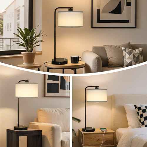 Table Lamp for Bedroom with USB C+A Ports, Fully Stepless Dimmable Farmhouse Bedside Lamp Nightstand Light, Tall Reading Desk Lamp for Living Room, Office, 9W LED Bulb Included