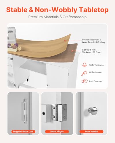 VEVOR Folding Sewing Table, Multipurpose Sewing Machine Table with Cabinet, Charging Station, Compact Design, Wheels, Wooden Pegs, Storage Trays and Shelf, Craft Station and Side Desk for Home - size: Natural White w/ Cabinet