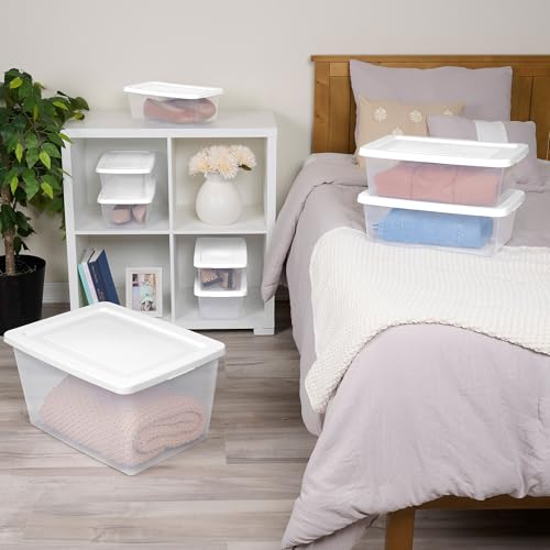 Sterilite 32 Pack Storage Box, 58 Quart Stackable Tote, Clear Plastic Container with Secure Snapping Lids for Home and Office Organization, White - size: 58 Quart, style: 32