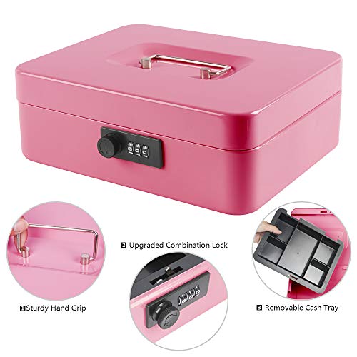 Kyodoled Large Cash Box with Combination Lock,Safe Metal Money Box with Money Tray for Security Lock Box 9.84"x 7.87"x 3.54" Pink Large - color: Pink, size: Large