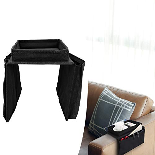Sofa Armrest Organizer with Cup Holder Tray,4 Pockets Armchair Caddy Bedside Storage Pockets Bag 11.8x7.1x7.1inch TV Remote Control Organizer Armchair Couch Bag (Black) - color: Black