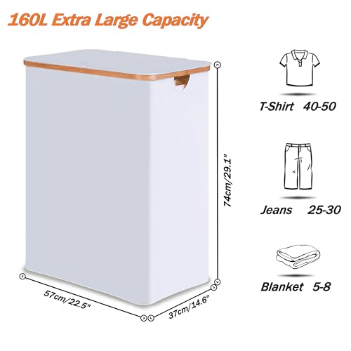efluky Laundry Hamper with Lid, Double Laundry Hamper with 2 Removable Bags, 2 Section Laundry Basket with Bamboo Handles for Bathroom, Bedroom & Laundry Room (White, 160L Trio) - color: White, size: 160L Trio