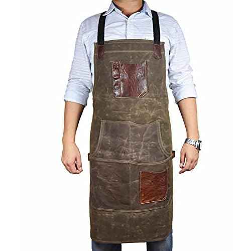 One Size Fits Utility Apron | Adjustable Cross-Back Straps | Multi-Use Shop Apron With Tool Pockets By Aaron Leather Goods (Green, Canvas Leather)