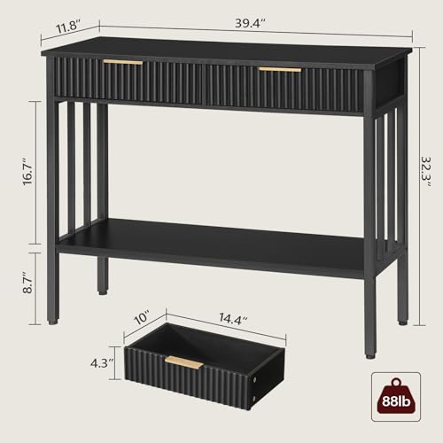 MAHANCRIS Console Table with 2 Drawers, Narrow Long Entry Table with Storage Shelf, 2-Tier Fluted Entryway Table with 2 Drawers, for Entryway, Living Room, Foyer, Hallway, Office, Black CTHB5101 - size: 11.8"D x 39.4"W x 32.3"H