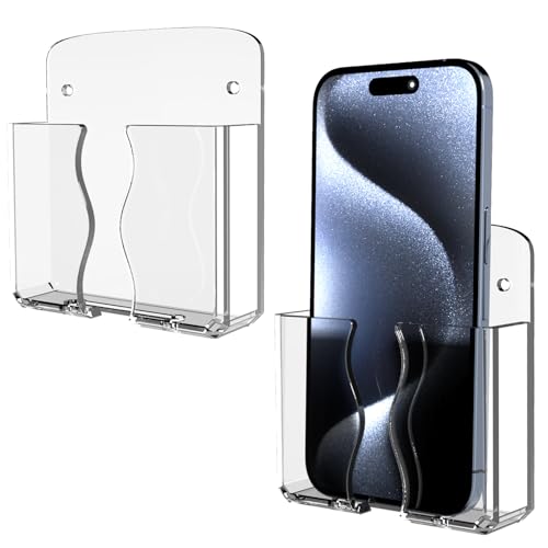Wall Mounted Phone Holder, Clear Phone Stand Self Adhesive with Charging Hole Compatible with iPhone and Android Smartphone Cradle Bedside Organizer Remote Control Stand for Home Office 2-Pack