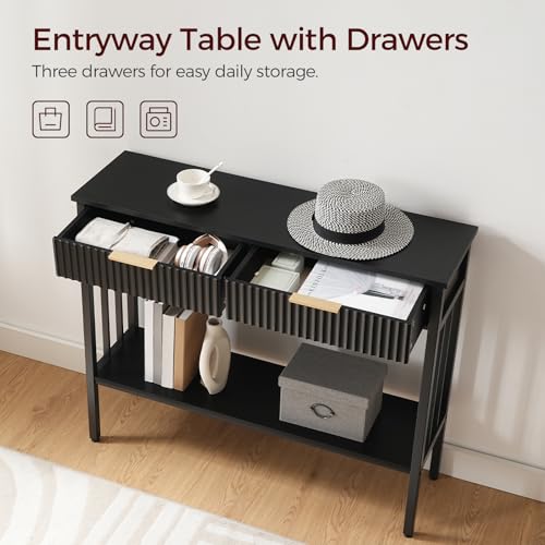 MAHANCRIS Console Table with 2 Drawers, Narrow Long Entry Table with Storage Shelf, 2-Tier Fluted Entryway Table with 2 Drawers, for Entryway, Living Room, Foyer, Hallway, Office, Black CTHB5101 - size: 11.8"D x 39.4"W x 32.3"H