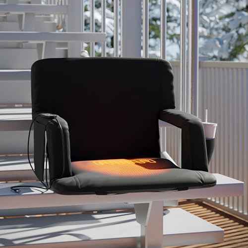 Flash Furniture Malta Extra Wide Heated Stadium Seat with Back Support, 6 Recline Positions, Portable Chair with Backpack Straps, USB Battery Pack Not Included, Black