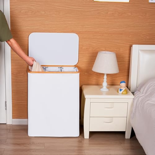 efluky Laundry Hamper with Lid, Double Laundry Hamper with 2 Removable Bags, 2 Section Laundry Basket with Bamboo Handles for Bathroom, Bedroom & Laundry Room (White, 160L Trio) - color: White, size: 160L Trio