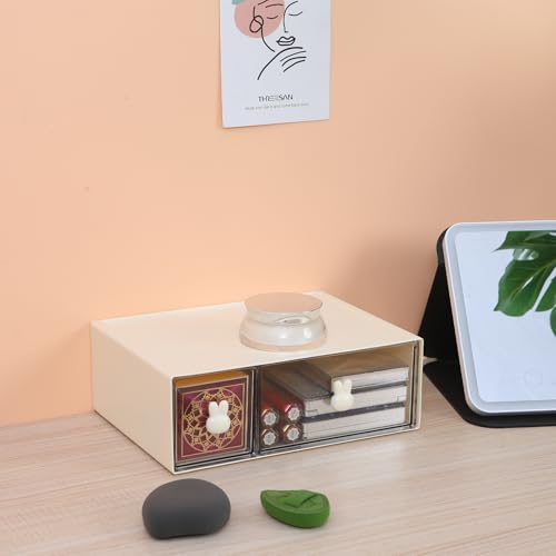 Desktop Storage Drawers, Plastic Desk Organizer with 2 Drawers, Modular Stackable Toolbox Units for Office Stationary, Makeup Container, Bathroom Countertop (1 Tall Layer, Cream & Clear) - color: 1 Tall Layer & 2 Drawers, Cream & Clear