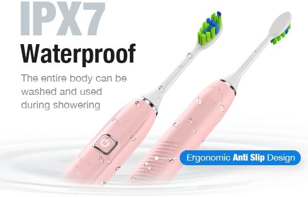 7AM2M Ultrasonic Pink Electric Toothbrush with 6 Brush Heads for Adults&Kids, Type C Rechargeable, One Charge for 120 Days, 5 Modes&40000VPM Powered Toothbrush, 2 Minutes Built in Smart Timer (Pink)