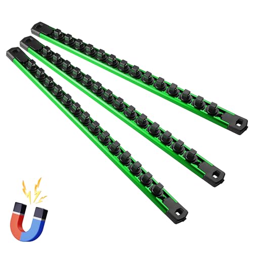 Magnetic Socket Organizer, 3-Piece Heavty Duty Aluminum Socket Holder, Socket Rail for Tool Box, Premium Quality 360¡Æ Swivel Socket Rack with 42 Clips for 3/8-Inch(Green)