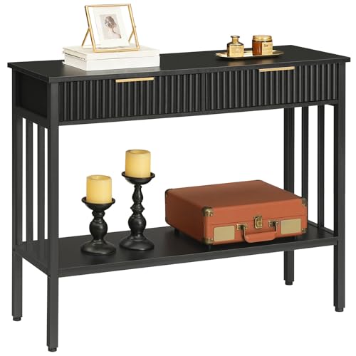 MAHANCRIS Console Table with 2 Drawers, Narrow Long Entry Table with Storage Shelf, 2-Tier Fluted Entryway Table with 2 Drawers, for Entryway, Living Room, Foyer, Hallway, Office, Black CTHB5101 - size: 11.8"D x 39.4"W x 32.3"H