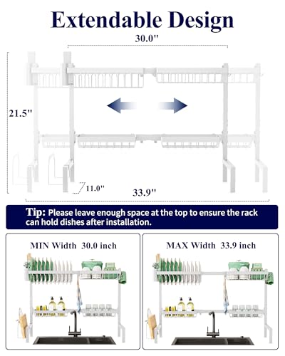 Kitsure Over The Sink Dish Drying Rack - 30.0" to 33.9"x21.5", Adjustable Sink Drying Rack for Kitchen Sink with Multifunctional Baskets, White - color: White, size: Large