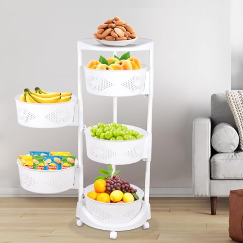 Multi-Layer Kitchen Storage Basket 5Tier Rotating Vegetable Organizer Cart with Casters Detachable Rolling Living Room Standing Rack with Shelve for Bathroom,110 lbs Bearing,14.3*36.2in (5Tier-White) - size: 5Tier-White