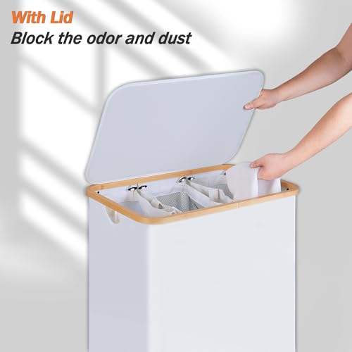 efluky Laundry Hamper with Lid, Double Laundry Hamper with 2 Removable Bags, 2 Section Laundry Basket with Bamboo Handles for Bathroom, Bedroom & Laundry Room (White, 160L Trio) - color: White, size: 160L Trio