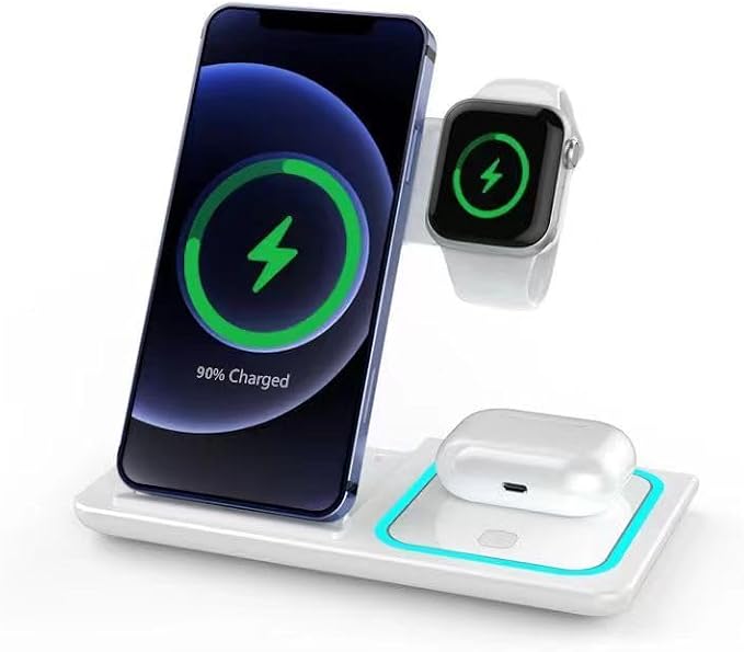 3-in-1 Wireless Charging Station with a Foldable Charging Base Compatible with Multiple Devices Featuring a 15W Fast-Charging Adapter Suitable for iPhone Apple Watch(Black)