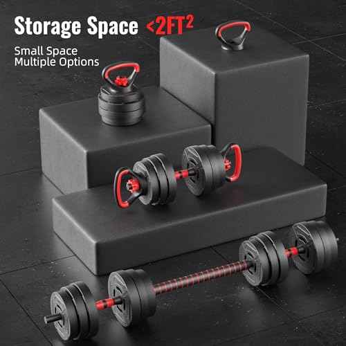 Fitvids Multi-Functional Portable Changeable Dumbbell and Barbell Kettlebell Set with Adjustable Weights, 40LBS or 60LBS Sets, 2-in-1 or 4-in1, Multiple Sizes